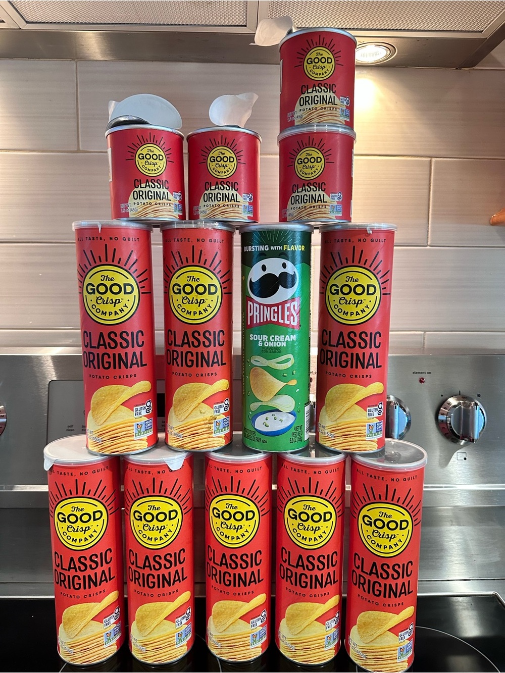 11 Empty Good Crisp Co Potato Chip Cans w/Lids GreenRed Classic Craft Containers